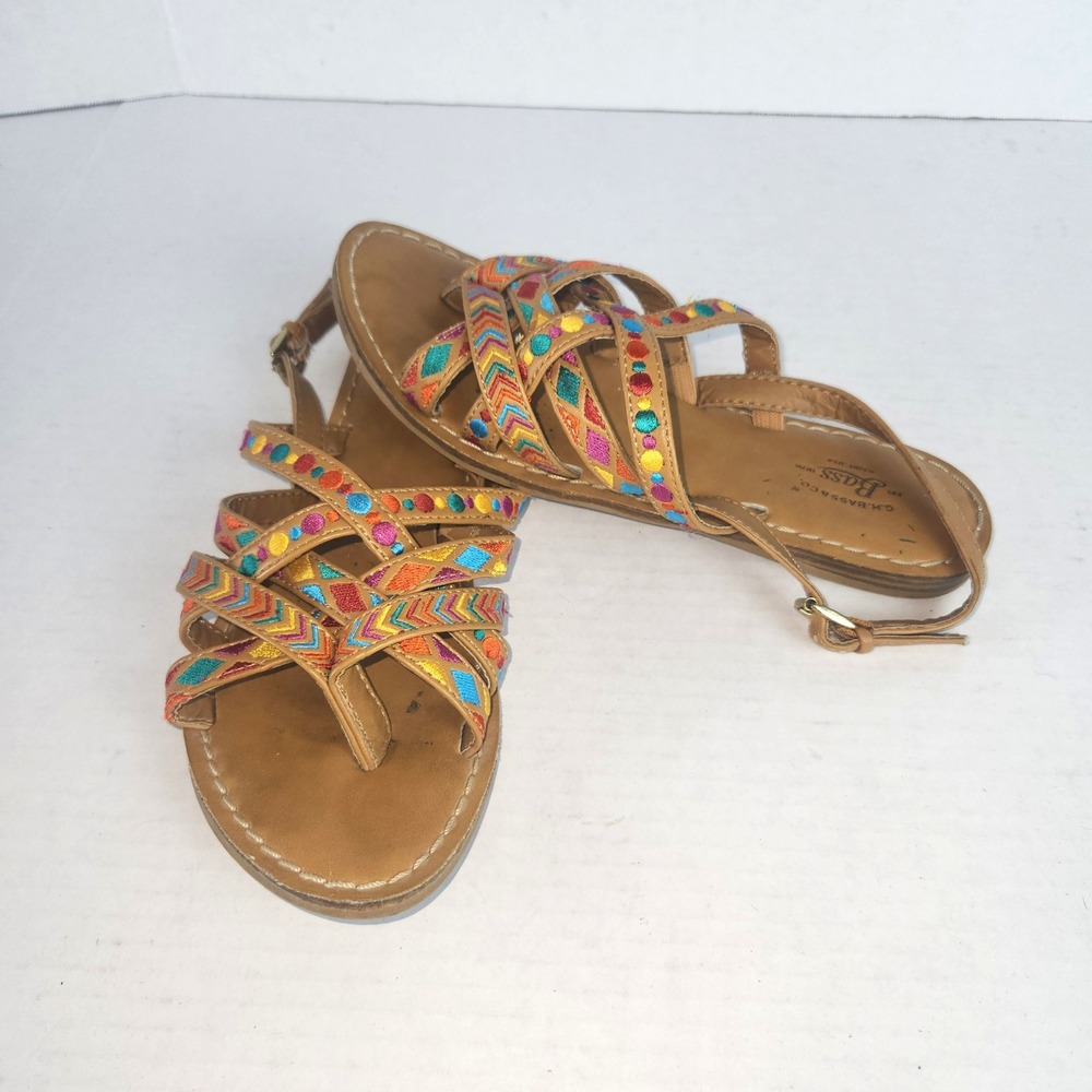 GH Bass & Co Womens Tan Embroidered Strappy Slingback Flat Sandals Multi Color